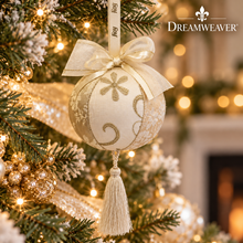 Load image into Gallery viewer, Cream &amp; Gold Embroidered Fabric Christmas Ball Ornament with Tassel – 4" DW
