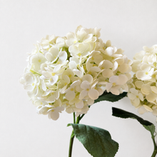 Charger l'image dans la galerie, White artificial hydrangea flower stem with multiple round blooms and dark green leaves, photographed against a plain light background.
