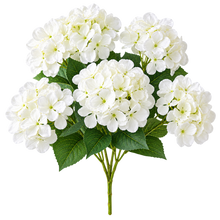 Load image into Gallery viewer, White artificial hydrangea flower bouquet with green leaves and stems, isolated on a white background.
