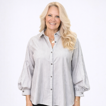 Load image into Gallery viewer, Elegant Striped Blouse with Puff Sleeves | Black &amp; White4
