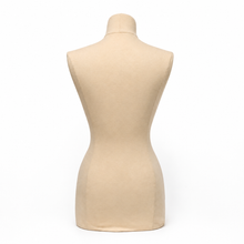 Load image into Gallery viewer, A beige fabric-covered dress form torso mannequin shown from the back, photographed against a seamless white background.
