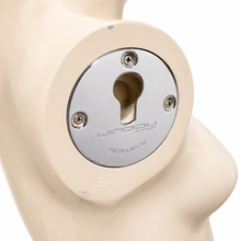 Charger l'image dans la galerie, Close-up of a silver metal window lock plate with a keyhole cutout, mounted on a beige mannequin torso against a white background.
