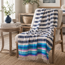 Charger l'image dans la galerie, Fraas Lightweight Cashmink Throw – Navy, Aqua &amp; Lilac Stripe Lifestlye 2
