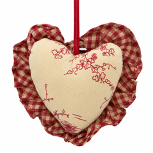 Load image into Gallery viewer, French Country Toile Heart Christmas Ornament – Burgundy &amp; Cream Fabric back
