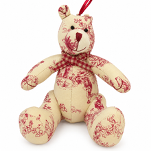 Charger l'image dans la galerie, French Country Toile Teddy Bear Christmas Ornament – Burgundy &amp; Cream
