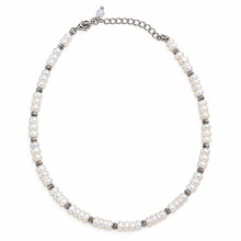 Load image into Gallery viewer, Freshwater Pearl Choker Necklace with Ribbed Silver-Tone Beads – 15"
