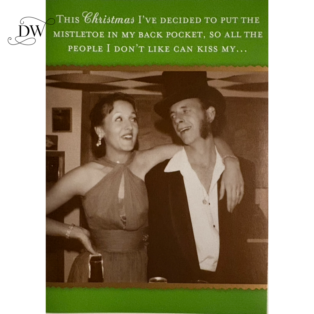 Funny vintage Shannon Martin Christmas card – “Mistletoe in my back pocket” holiday greeting