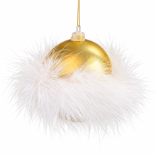 Load image into Gallery viewer, Gold Christmas Ball Ornament with White Feather Boa – 3.5"

