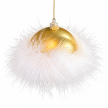 Load image into Gallery viewer, Gold Christmas Ball Ornament with White Feather Boa – 3.5" DW 2
