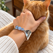 Load image into Gallery viewer, Handcrafted Vintage Silver Spoon Cuff Bracelet with Blue Glass Beads DW
