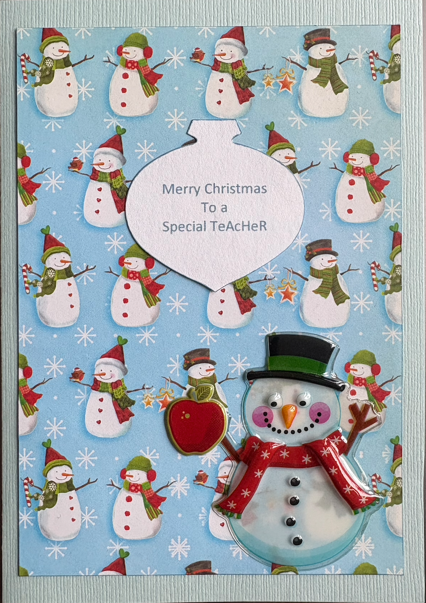 Handmade Teacher Christmas Card with snowmen and snowman embellishment – festive holiday greeting