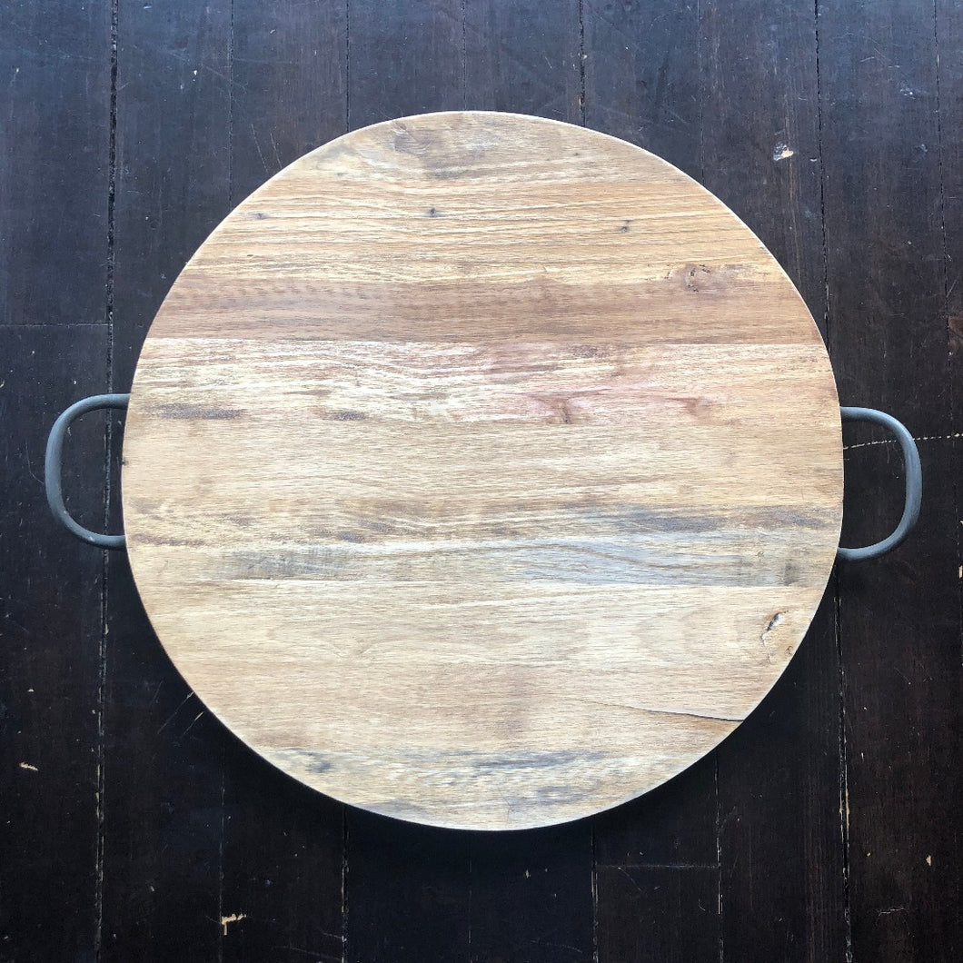 Wooden Round Tray with Metal Handles