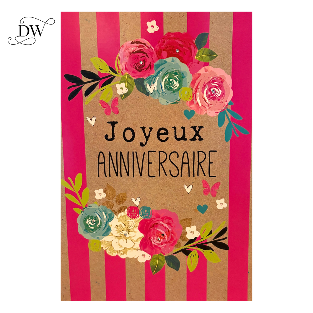 “Jumbo Joyeux Anniversaire birthday card with bright floral design, pink stripes, and 3D crystal-style accents.”