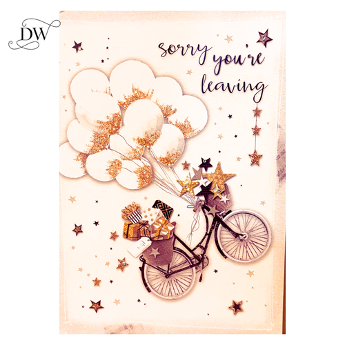 Jumbo farewell card with bike and balloons design, featuring sparkling 3D crystal accents and ‘Sorry You’re Leaving’ message.”
