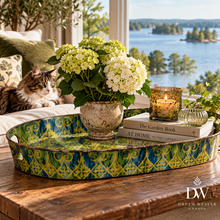 Load image into Gallery viewer, Large Blue &amp; Green Ornamental Oval Decorative Metal Tray – 25" DW
