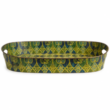 Load image into Gallery viewer, Large Blue &amp; Green Ornamental Oval Decorative Metal Tray – 25" back

