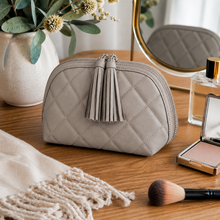 Load image into Gallery viewer, Light Grey Quilted Vegan Leather Toiletry Bag LS
