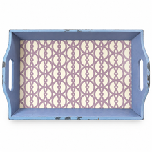 Load image into Gallery viewer, A rectangular blue serving tray with integrated side handles, featuring a distressed light blue finish and a purple geometric trellis pattern printed on the interior, shown against a plain white background.
