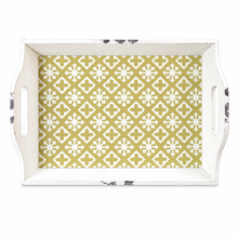 Charger l'image dans la galerie, A rectangular white distressed wooden serving tray with two side handles and a yellow-green and white geometric pattern printed inside.

