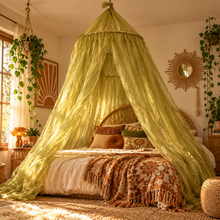 Charger l'image dans la galerie, Olive Green Sheer Organza Hanging Bed Canopy – 27" Hoop
