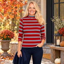 Charger l'image dans la galerie, Organic Cotton Striped Mock Neck Top | Red Navy Stripe DW
