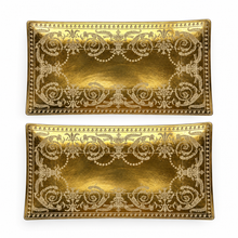 Load image into Gallery viewer, Two rectangular gold trays with ornate silver filigree patterns and beaded borders, shown on a plain white background.
