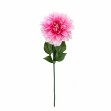 Charger l'image dans la galerie, A single artificial pink dahlia flower with green leaves and stem, isolated on a white background.
