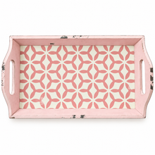 Load image into Gallery viewer, A rectangular serving tray with distressed pink wooden sides and handles, featuring a pink geometric floral pattern on a cream interior, shown against a plain white background.
