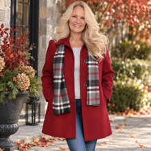 Load image into Gallery viewer, Ruby Red Petite Pea Coat with Removable Plaid Scarf | Dream Weaver
