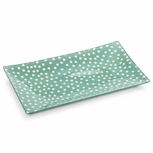 Load image into Gallery viewer, A rectangular ceramic serving platter with a glossy teal-green glaze and a pattern of small cream-colored polka dots, shown on a clean white background.
