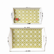Charger l'image dans la galerie, Set of 2 Cream Distressed Wood Serving Trays – Olive Geometric Pattern 2
