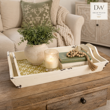 Charger l'image dans la galerie, Set of 2 Cream Distressed Wood Serving Trays – Olive Geometric Pattern LIFESTYLE
