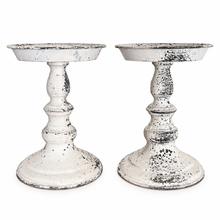 Charger l'image dans la galerie, Set of 2 Distressed Cream Pillar Candle Holders | French Country Shabby Chic | 7.5"
