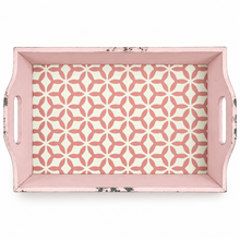 Load image into Gallery viewer, A rectangular pink serving tray with side handles, featuring a distressed finish and a pink geometric pattern printed on the interior, shown against a plain white background.
