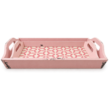 Load image into Gallery viewer, A rectangular pink serving tray with distressed edges and integrated handles, featuring a pink and white geometric pattern on the bottom.
