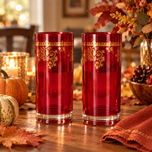 Load image into Gallery viewer, Set of 2 Ruby Red &amp; Gold Filigree Highball Glasses Fall 2
