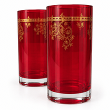 Load image into Gallery viewer, Set of 2 Ruby Red &amp; Gold Filigree Highball Glasses side
