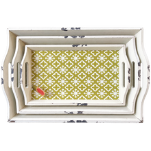 Charger l'image dans la galerie, Three nested rectangular serving trays with distressed white painted wood edges and handles, arranged concentrically on a white background. The inner tray features a yellow and white geometric snowflake pattern.
