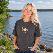 Load image into Gallery viewer, Unisex Canada Shield T-Shirt | Slate Grey | Made in Canada | Red Canoe
