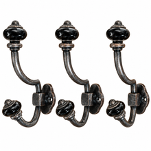 Charger l'image dans la galerie, Vintage-Style Double Wall Hook with Black Ceramic Knobs – Bronze Metal -side
