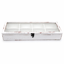 Charger l'image dans la galerie, A rectangular white wooden display box with a distressed finish, featuring a glass window divided into six sections and a small black metal latch on the front, shown against a plain white background.
