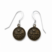 Load image into Gallery viewer, Vintage RCAF Canadian Military Button Earrings – Brass &amp; Sterling Silver front
