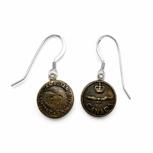 Load image into Gallery viewer, Vintage RCAF Canadian Military Button Earrings – Brass &amp; Sterling Silver front &amp; back
