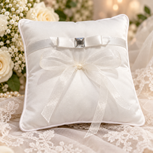 Load image into Gallery viewer, White Satin Wedding Ring Bearer Pillow with Crystal Accent – 7" x 7" DW
