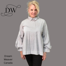 Load image into Gallery viewer, Striped Blouse with Collar and Puffy Sleeves | Black &amp; White
