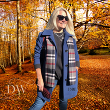 Load image into Gallery viewer, Blue Pea Coat with Plaid Scarf
