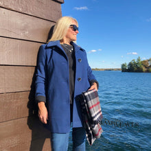 Load image into Gallery viewer, Blue Pea Coat with Plaid Scarf Fashion
