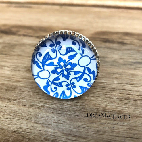 Drawer Pull | Blue and white Pattern and Cream Border | Small