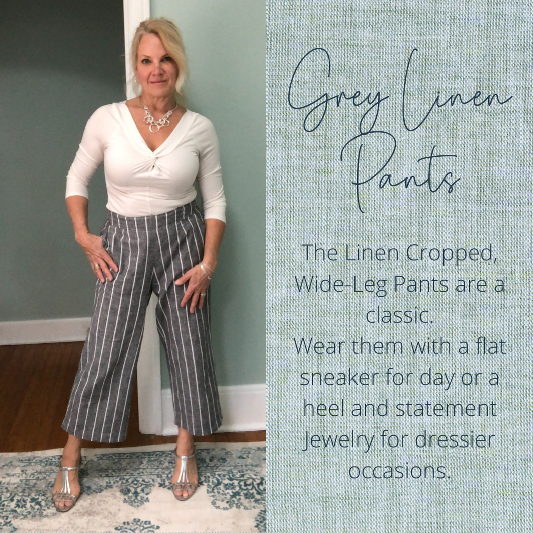 Linen, Cropped, Wide-Leg Pants | Grey/Cream Stripe